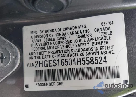 2004 Honda Civic Lx из США, поврежденный, VIN 2HGES16504H558524